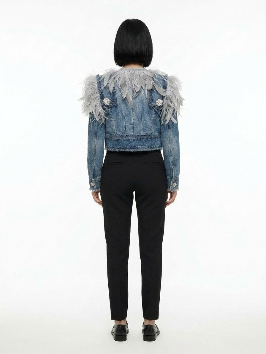 Trucker Jacket by Dolce & Gabbana for women in cotton denim feathers & ostrich leather blue features a city-ready silhouette, detailed with and a city-ready .