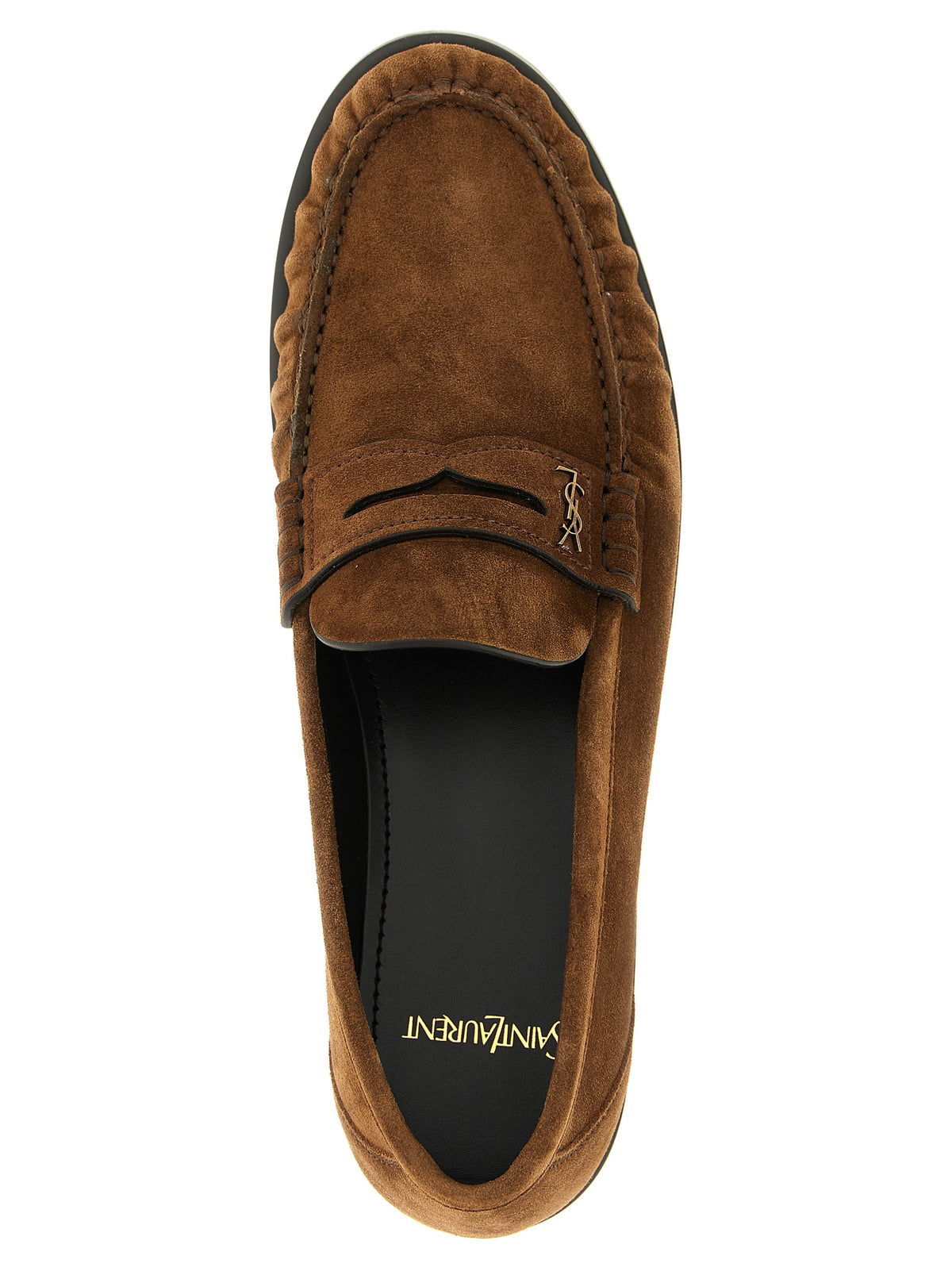 Loafer Slip-On Shoes by Saint Laurent for men in suede calfskin leather brown & signature features an dynamic silhouette from the Cassandre Men's Suede Calfskin Leather Loafer Slip-On Shoes collection, defined by a dynamic moc toe style and for a dynamic look.