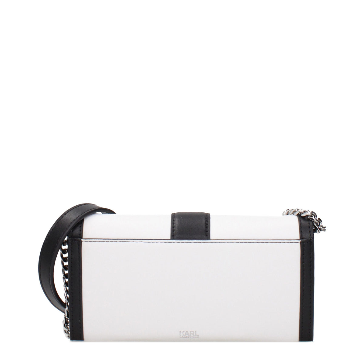 Clutch Handbag by Karl Lagerfeld for women in leather white features a sculptural silhouette with a secure , ample , and versatile adjustable-strap for a sculptural finish.