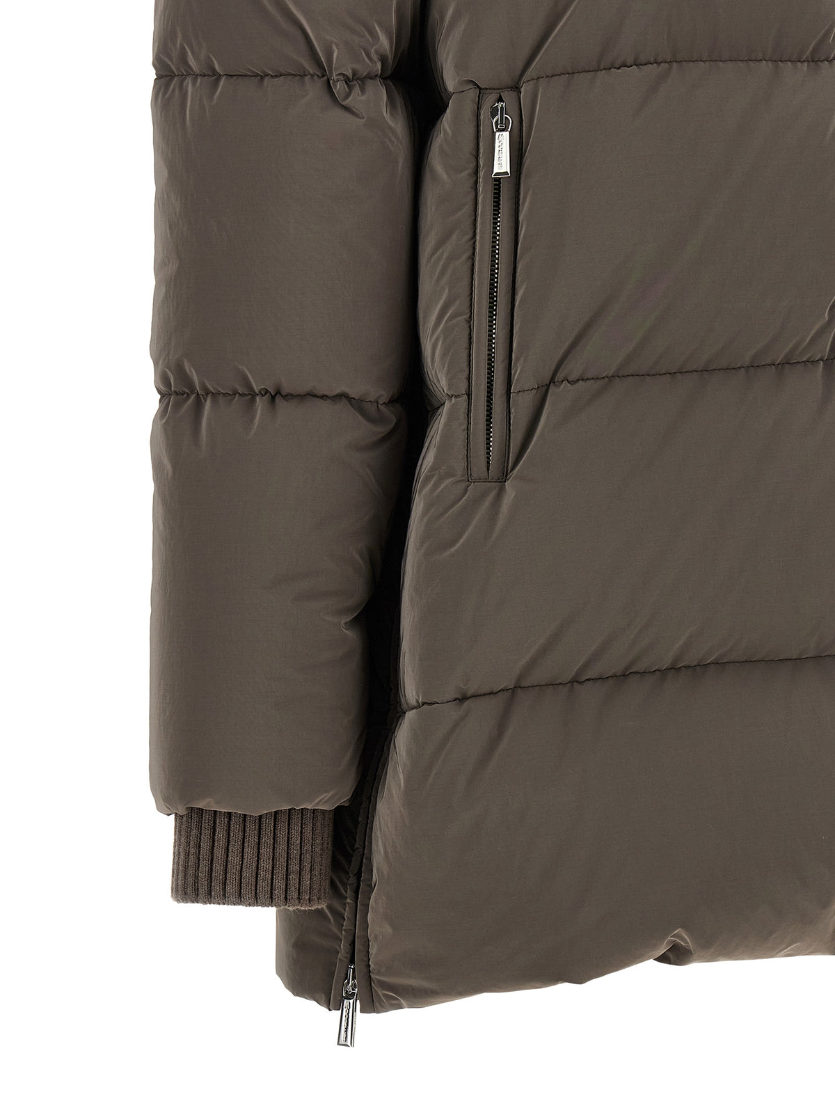 Hooded Puffer Jacket by MooRER for women in plush cashmere goose down & wool brown & silver features a dramatic silhouette, showcasing a sophisticated and distinctive pockets, hooded & insulated for a dramatic aesthetic.
