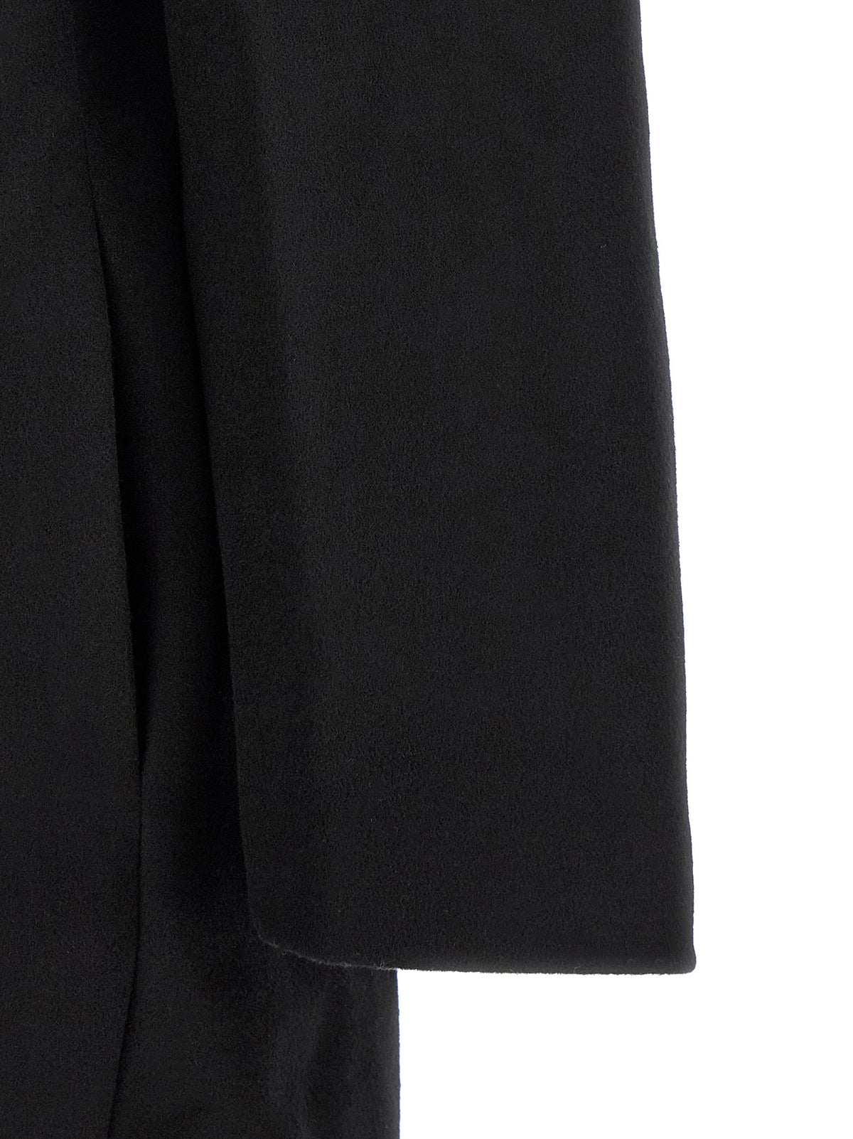 Overcoat by Kiko Kostadinov for men in satin wool black presents a luxurious silhouette, showcasing a luxurious and sophisticated for a premium, luxurious look.