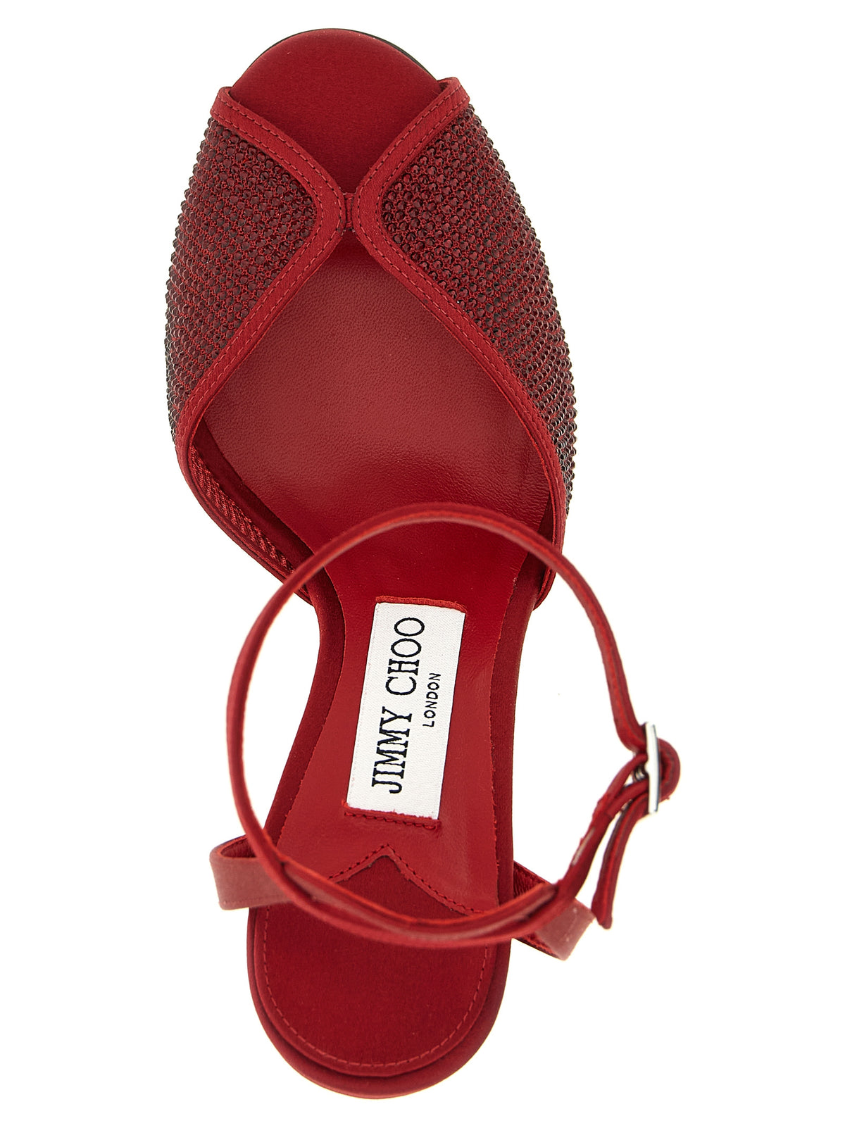Stiletto Sandals by Jimmy Choo for women in lamb leather red & silver showcases a sculptural silhouette as Women's Lamb Leather Stiletto Sandals, defined by a sculptural stiletto and sculptural for a sculptural look.