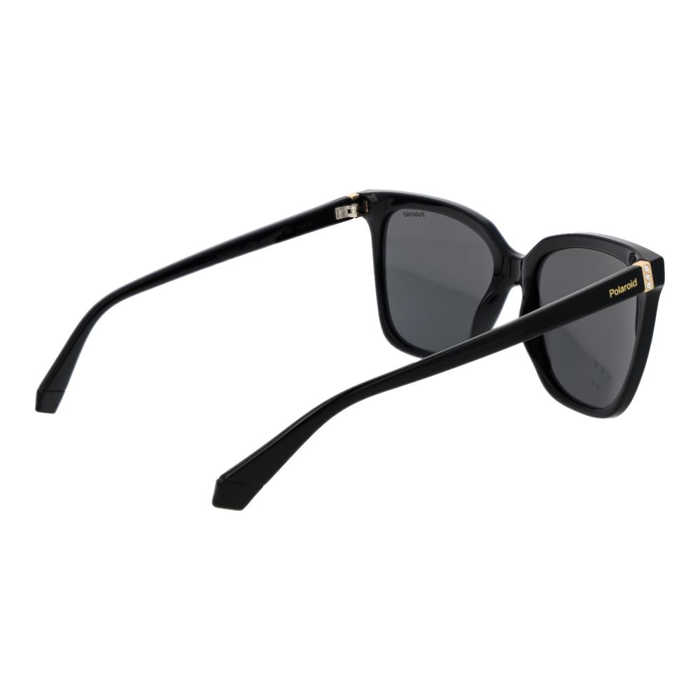 Sunglasses by Polaroid for women in polycarbonate black features a contemporary silhouette, showcasing a contemporary full-rim square frame design in black coloured frame with high-performance polarized category-3-dark-tint lens.