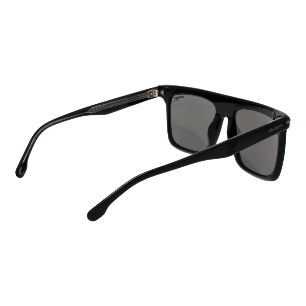 Sunglasses by Carrera for men in acetate black features an effortlessly chic full-rim square frame design with black coloured frame detailing and polarized category-3-dark-tint lens for a effortlessly chic aesthetic.