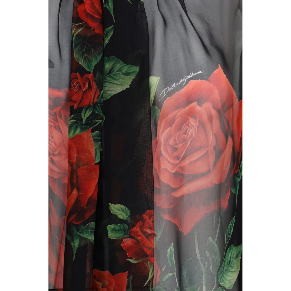 Dolce & Gabbana Women's Regular Fit Long-Sleeve Silk Chiffon Blouse - Black Multicolor Rose Patterned Floral Print
