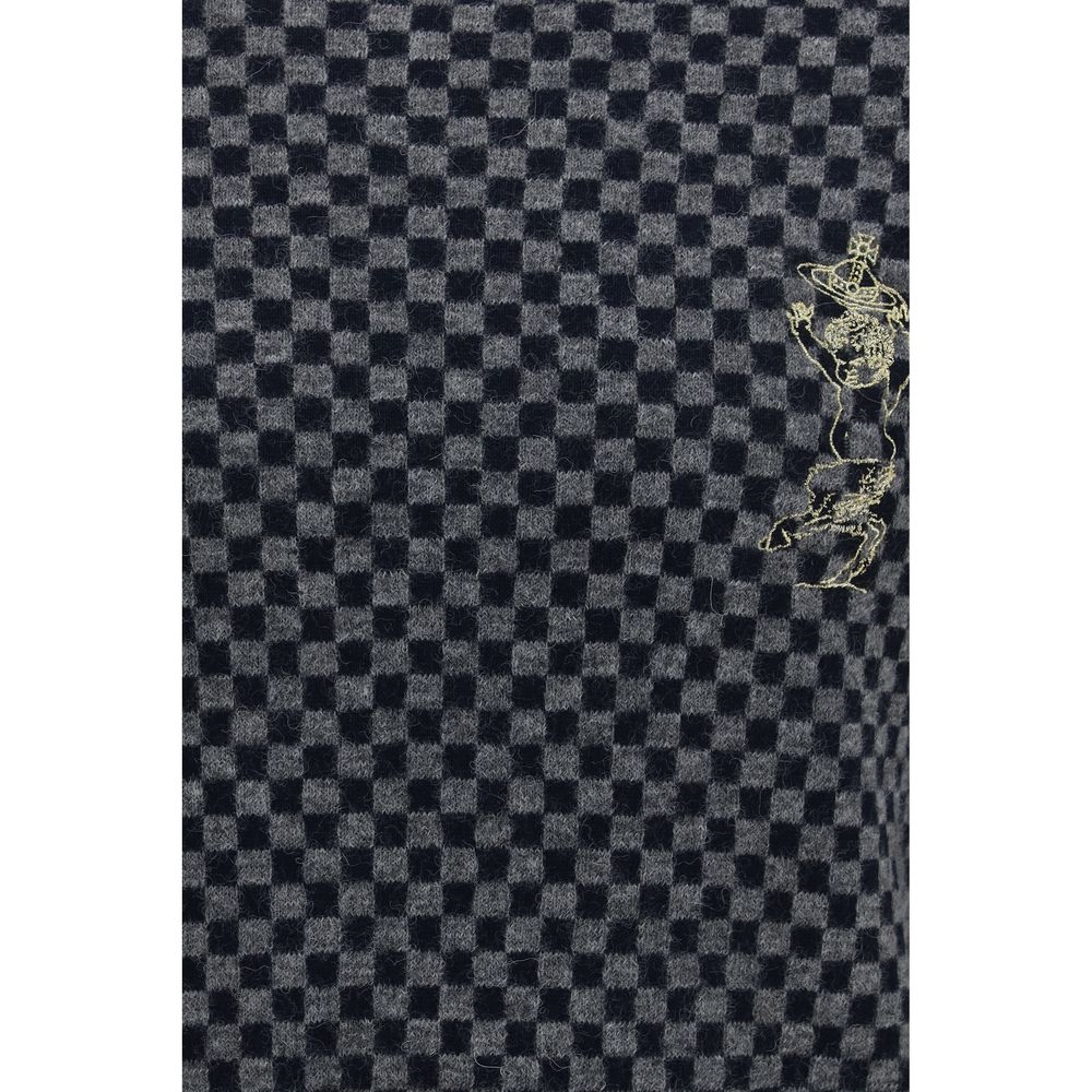 Vivienne Westwood Men's Straight Regular Fit Round Neck Alpaca Cotton Merino Wool & Polyamide Sweatshirt - Gray Checkered Jacquard