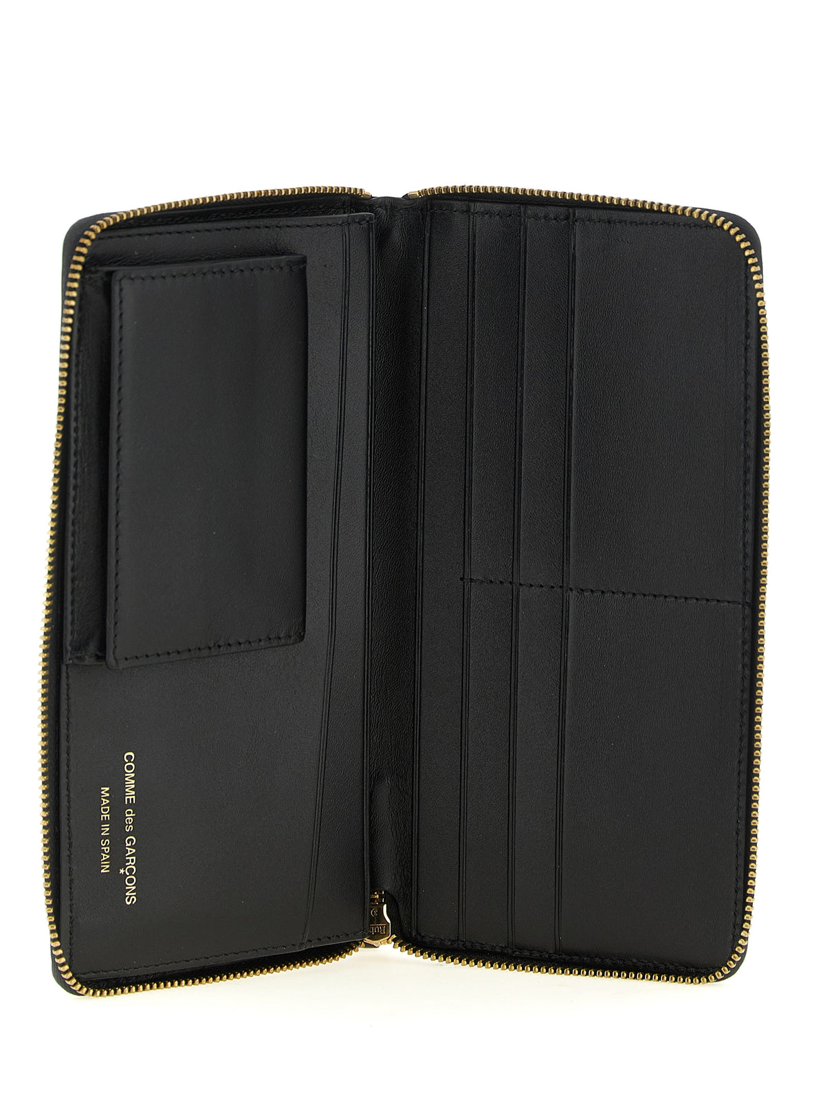 Cardholder Wallet by Comme Des Garçons for men in calfskin leather black & gold presents a streamlined silhouette, showcasing the sophisticated design of the Calfskin Leather Cardholder Wallet collection with functional card-organization compact-design zip-around.