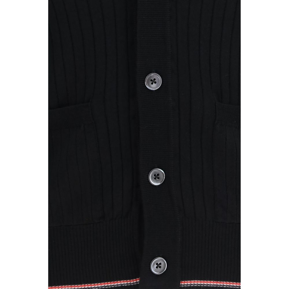 Thom Browne Men's Regular Fit V Neck Polyamide & Merino Wool Cardigan - Black Striped