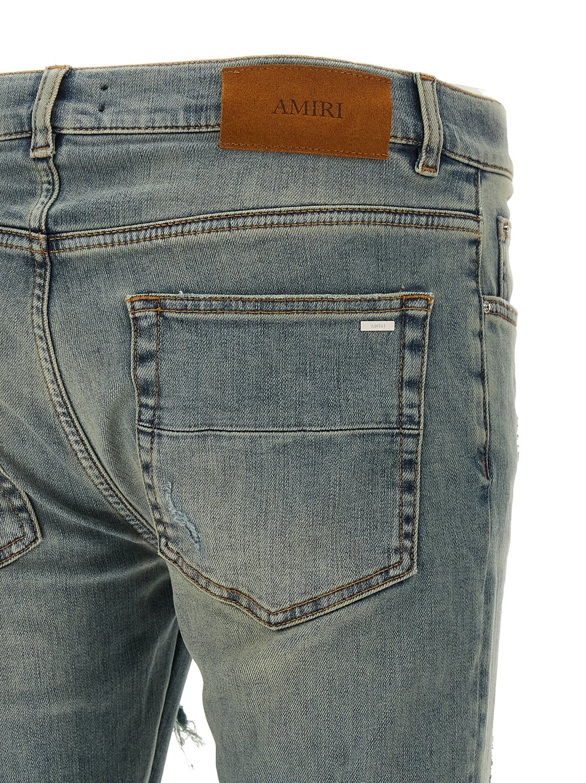 Amiri Men's Skinny Cotton Denim Flannel & Leather Jeans - Brown Indigo Light Blue Silver