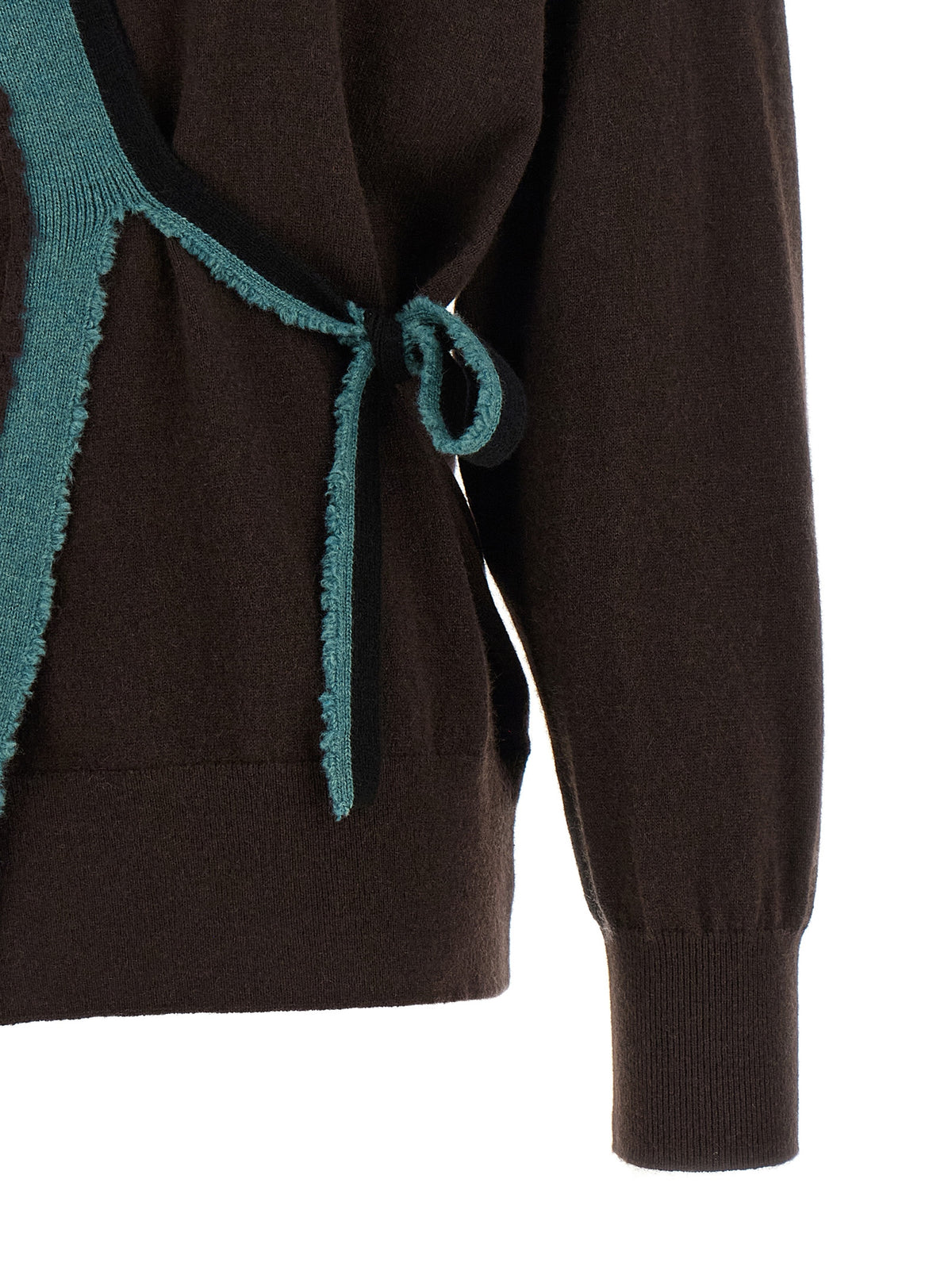 Cardigan by Dries Van Noten for women in cashmere black, brown, green & teal features a dramatic silhouette, showcasing a sophisticated and dramatic detail for a timeless, premium look.