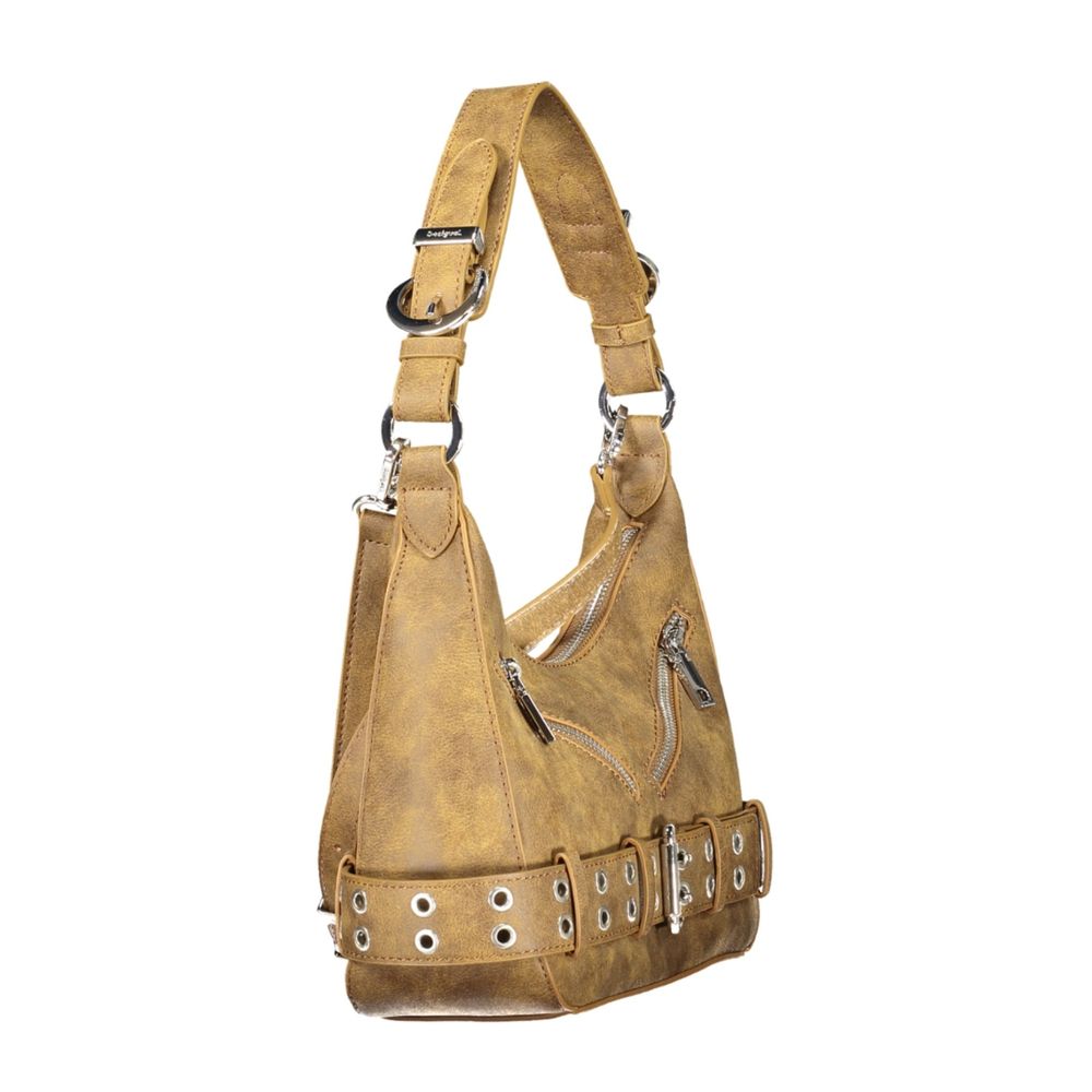 Handbag by Desigual for women in polyurethane brown features a signature silhouette, showcasing a secure zipper and signature external-pockets, internal-pockets & cardholder with versatile adjustable-strap & handle for a sophisticated look.