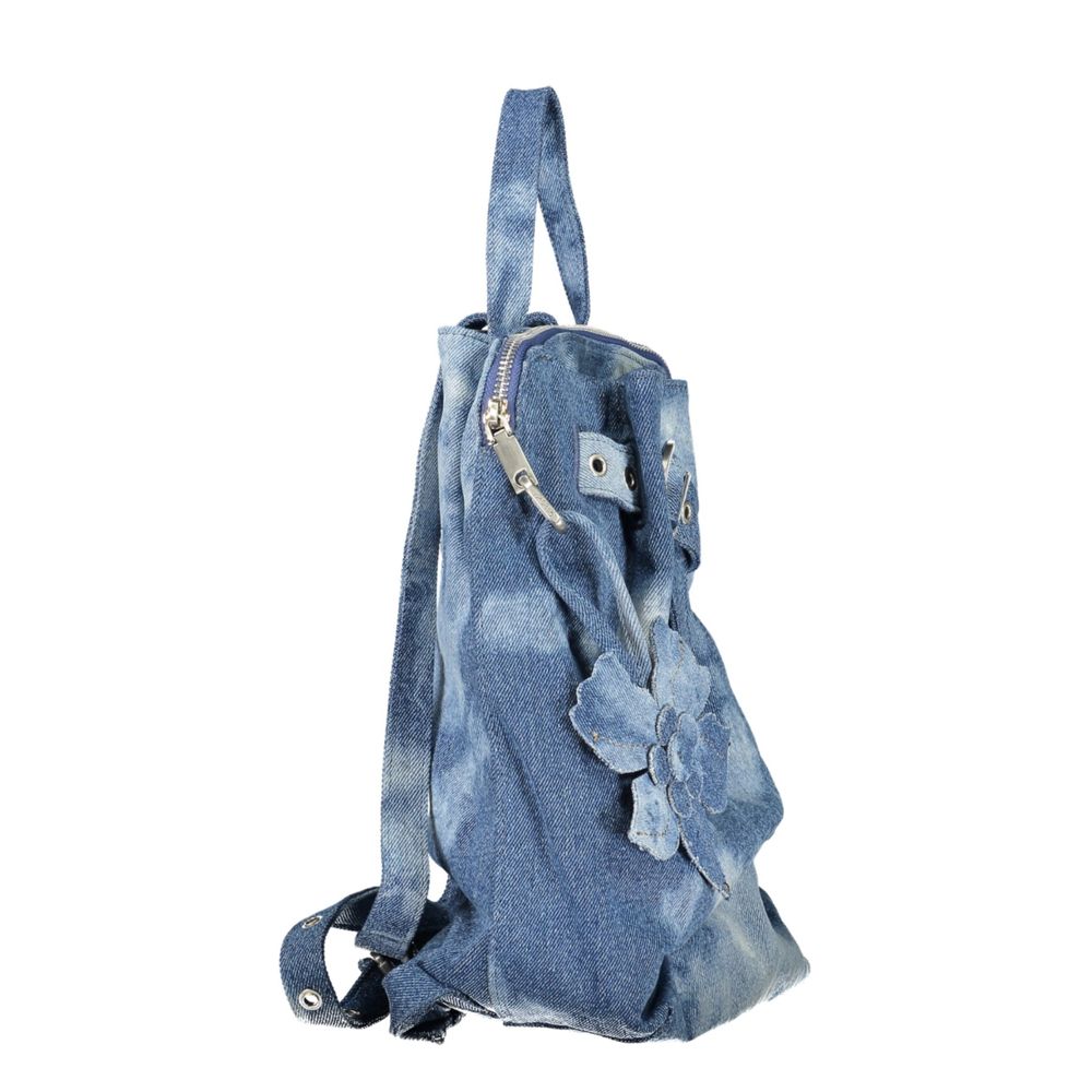 Mini Backpack by Desigual for women in denim cotton blue features an ultra-portable silhouette from the Luena Denim Cotton Mini Backpack range, with a secure snap & zipper, ample built-in-compartments, external-pockets, internal-pockets & cardholder, and versatile backpack-strap, adjustable-strap & handle.