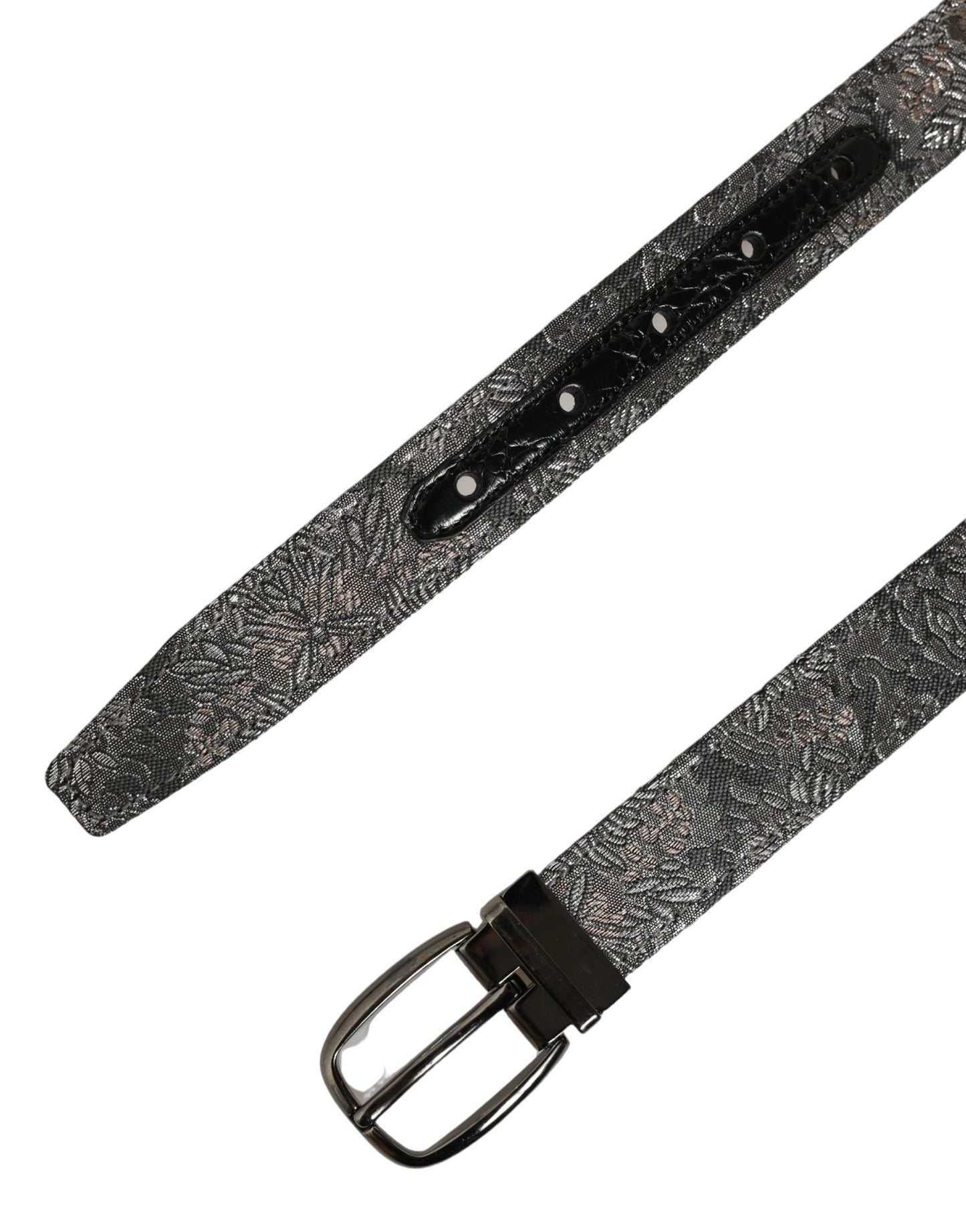 Dolce & Gabbana Silver Black Floral Jacquard Metal Buckle Belt