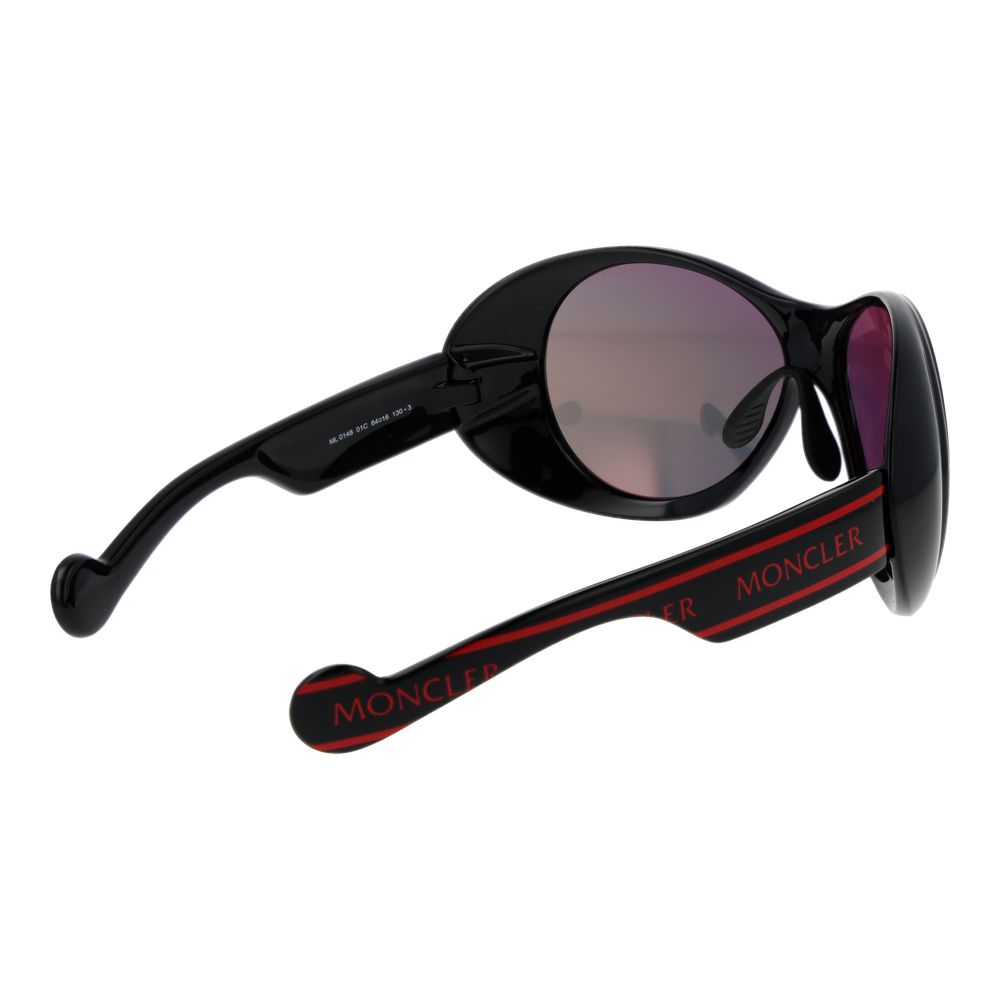 Sunglasses by Moncler for unisex in plastic and black featuring an stylish full-rim oval frame design with a sophisticated black coloured frame finish and high-performance mirrored category-3-dark-tint lens.