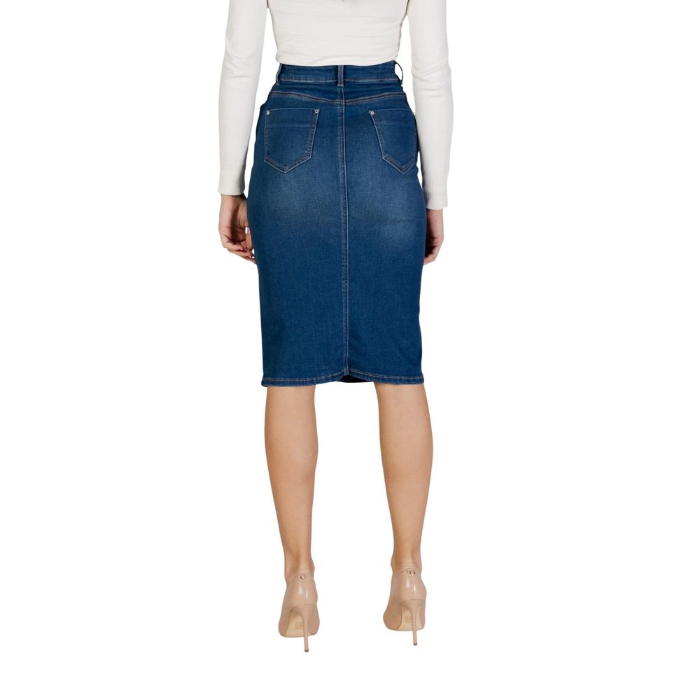 Skirt by Morgan De Toi for women in stretch polyester cotton blue features an tailored silhouette, artfully capturing the essence of Women's Layered Tailored Stretch Polyester Cotton Long Skirt in a sophisticated long.