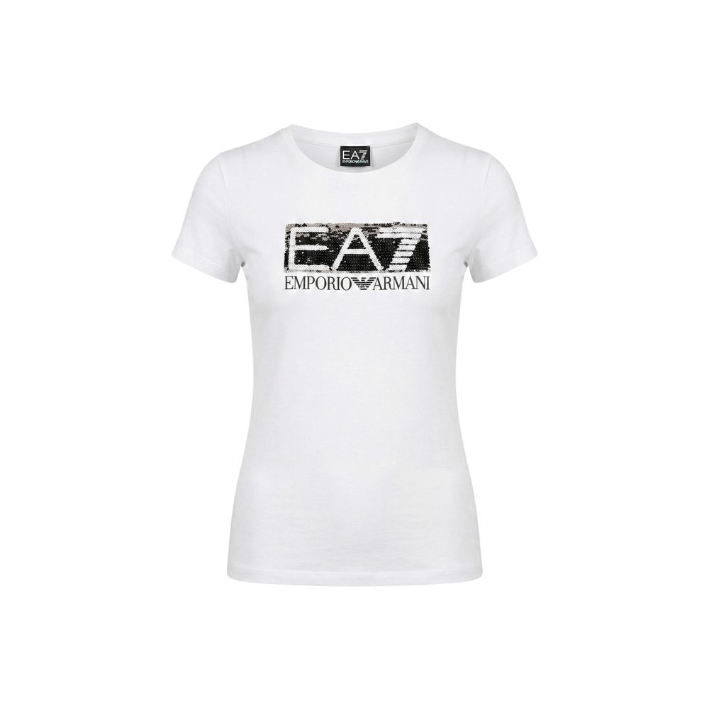 EA7 Emporio Armani Women's Regular Fit Crew Neck Stretch Cotton T-Shirt - White Print