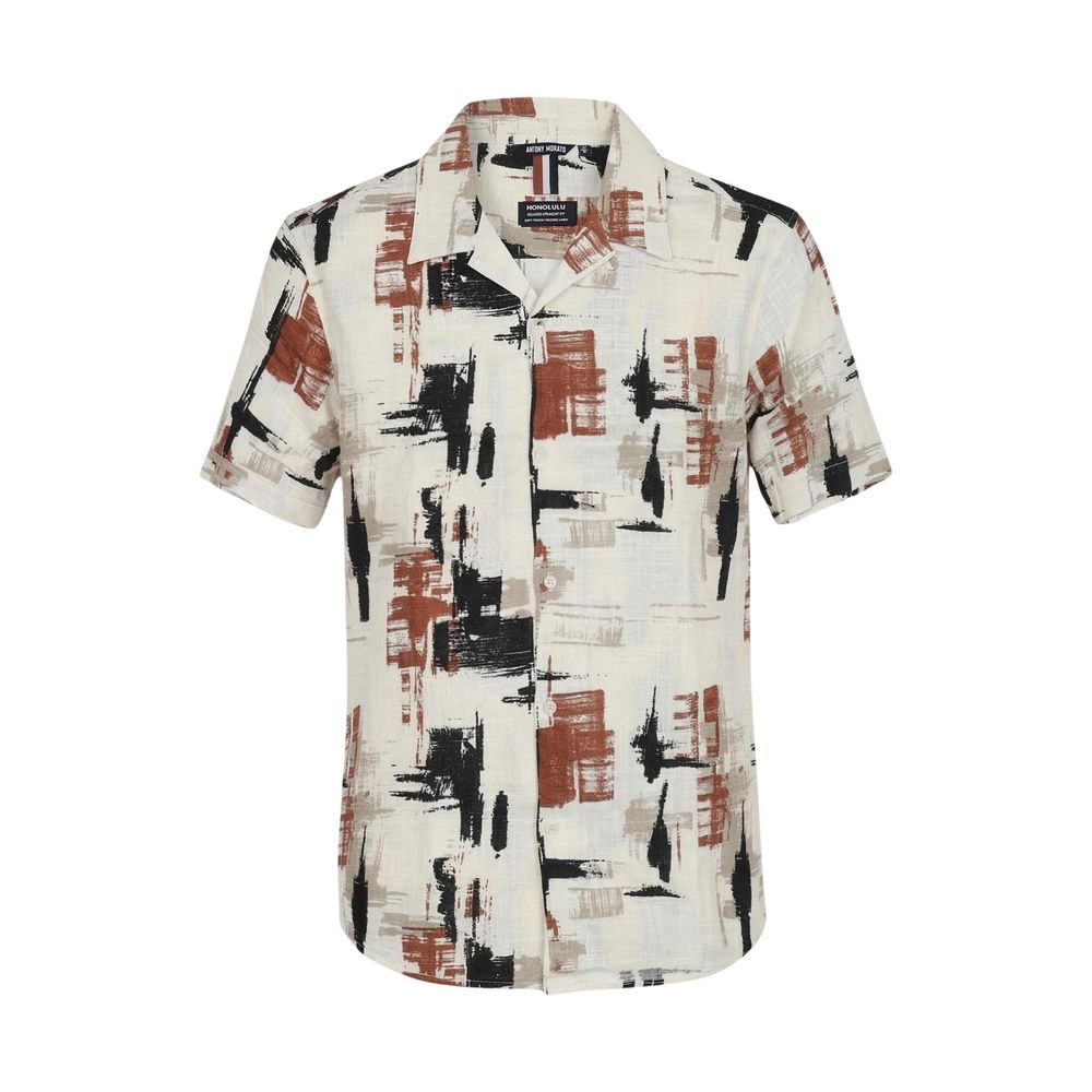 Antony Morato Men's Straight Relaxed Fit Short-Sleeve Linen & Viscose Shirt - Beige Print