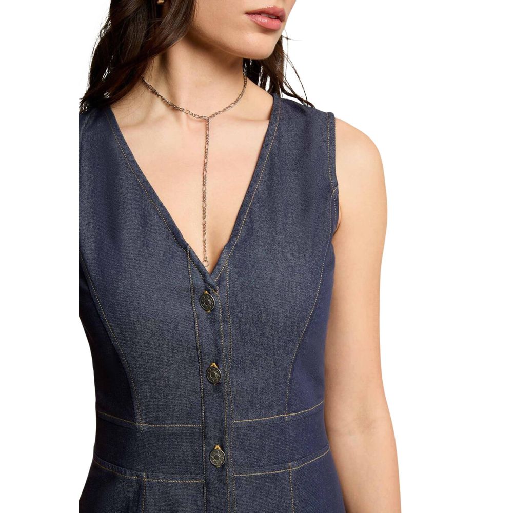 Morgan De Toi Women's Flared Sleeveless V Neck Stretch Polyester Cotton Long Dress - Blue
