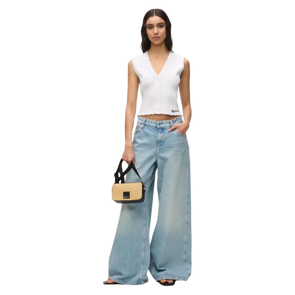 Karl Lagerfeld Women's Crop Top Cropped Round Neck &V Polyamide Viscose Tank - White