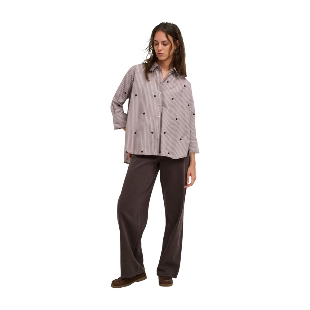 Only Grace Women's Relaxed Fit Oversized Cotton Polyester Blouse - Brown Patterned Striped