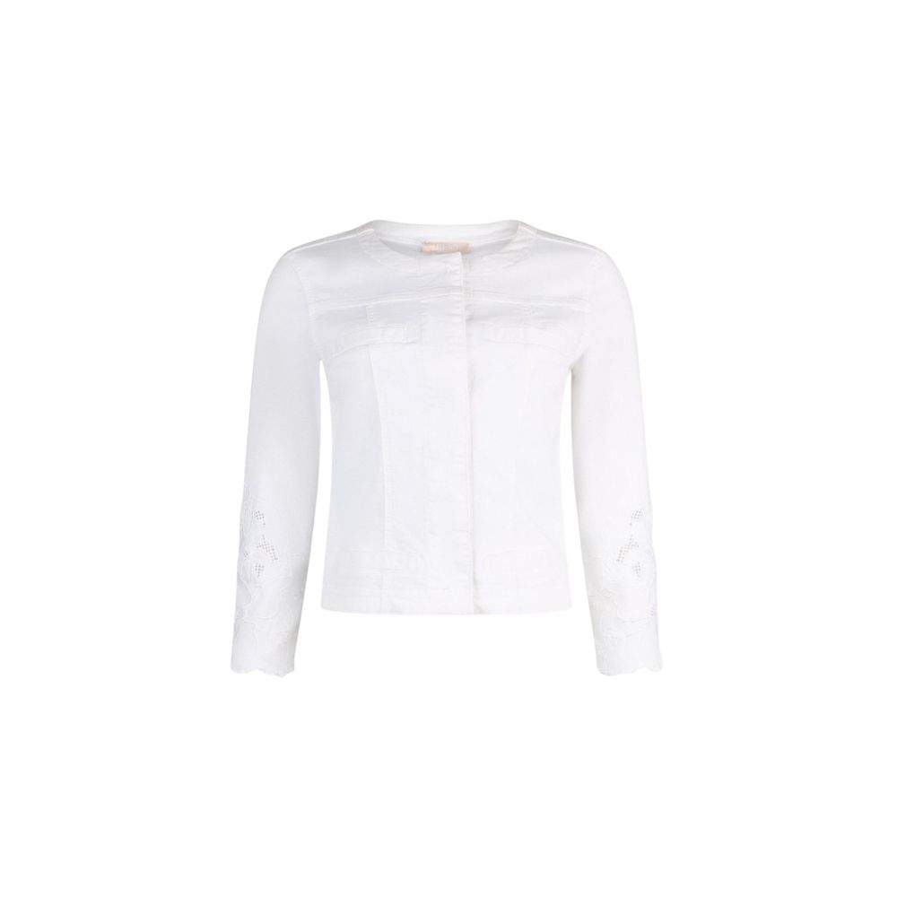 Trucker Jacket by Liu Jo for women in stretch denim cotton white, floral & signature showcases a bohemian silhouette, artfully detailed with a bohemian and signature breathable-design for a truly bohemian finish.
