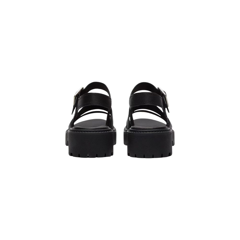 Platform Sandals by Timberland for women in leather black presents a sculptural silhouette, showcasing the Women's Leather Platform Sandals design with a sculptural platform and for a premium look.
