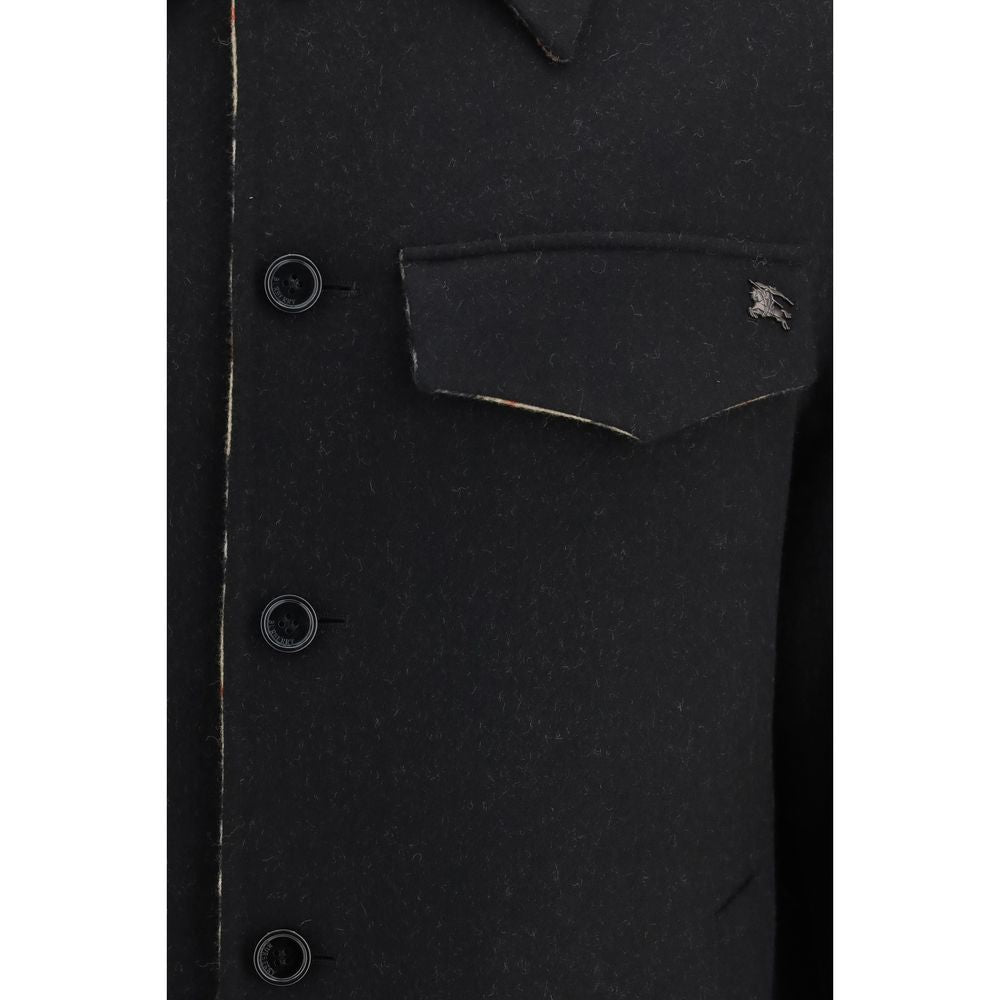 Burberry Men's Merino Wool Overcoat - Black Herringbone Signature