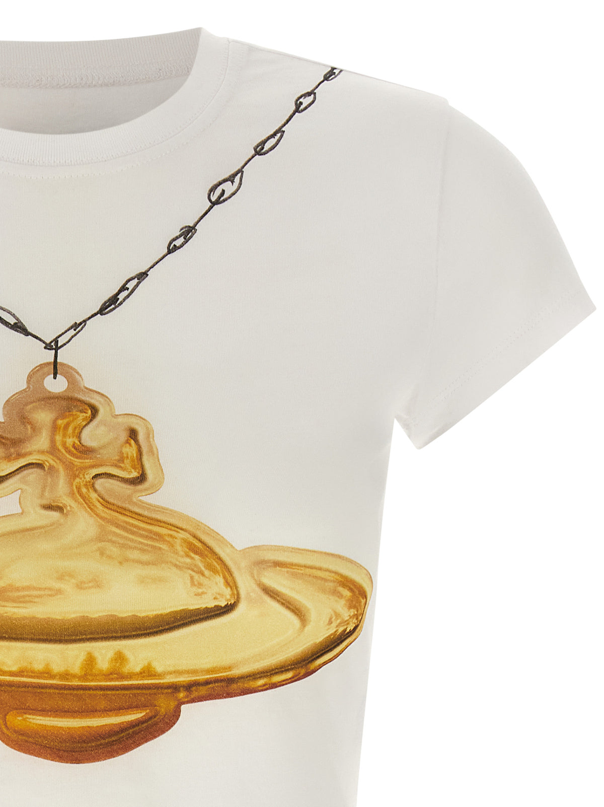 T-Shirt by Vivienne Westwood for women in cotton gold, white & print features an edgy silhouette, meticulously detailed with a sophisticated and for a truly edgy finish.