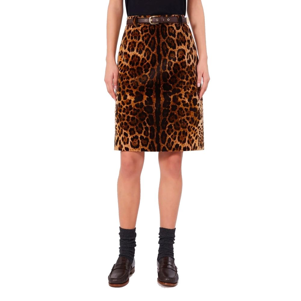 Max Mara Women's High Rise Velvet Cotton Midi Knee Skirt - Brown Leopard Print Print