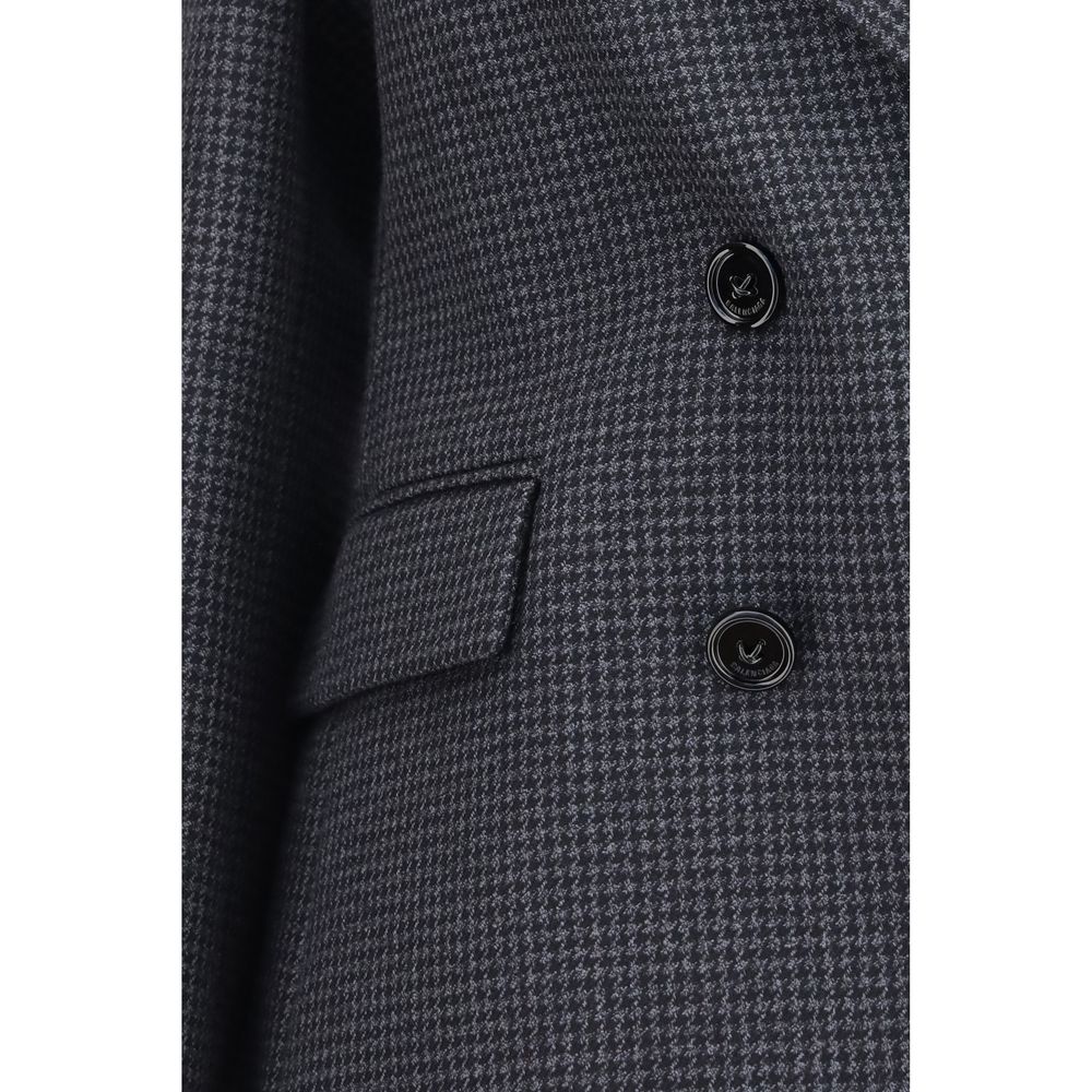 Balenciaga Women's Double Breasted V Neck Merino Wool Blazer - Gray Patterned Houndstooth