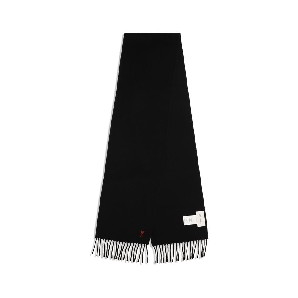 Ami Paris Satin Merino Wool Fringes Scarf - Black