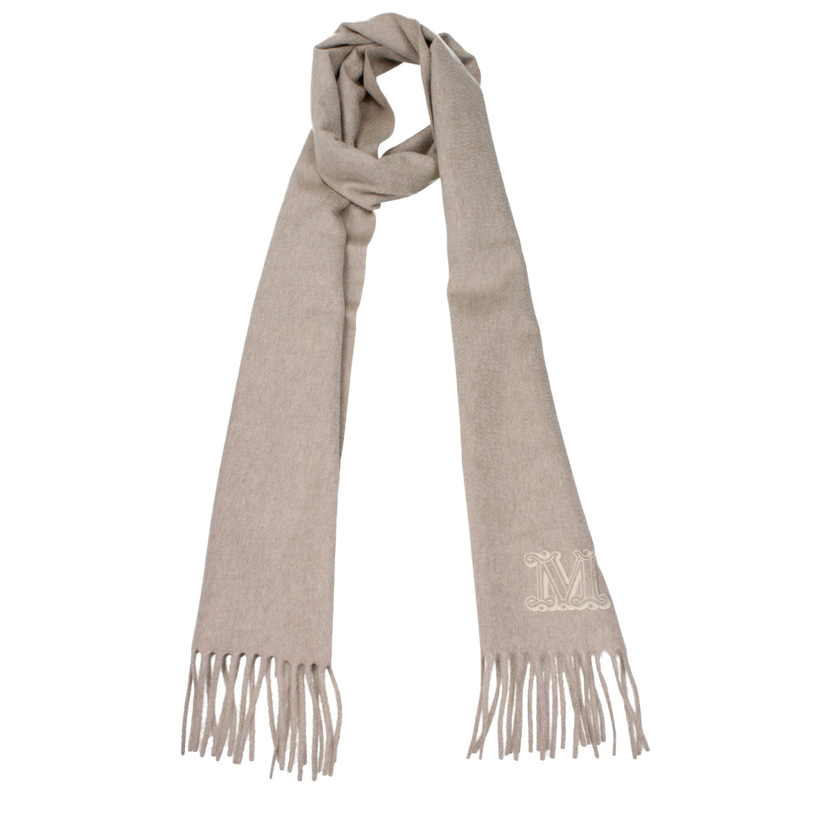Scarf by Max Mara for women in cashmere beige features a timeless silhouette, artfully capturing the essence of the timeless Cashmere Fringes Scarf design for a sophisticated look.