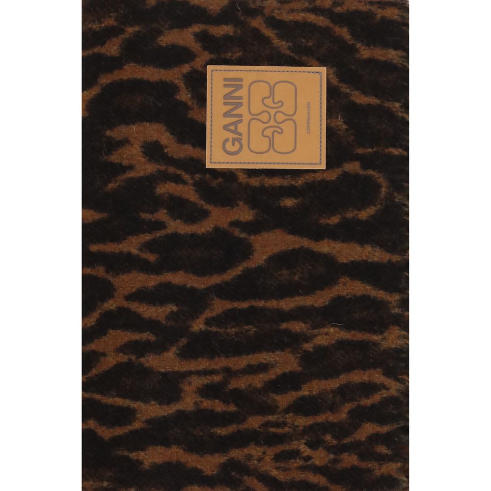 Ganni Wool Shawl Fringes Scarf - Brown Leopard Print Print