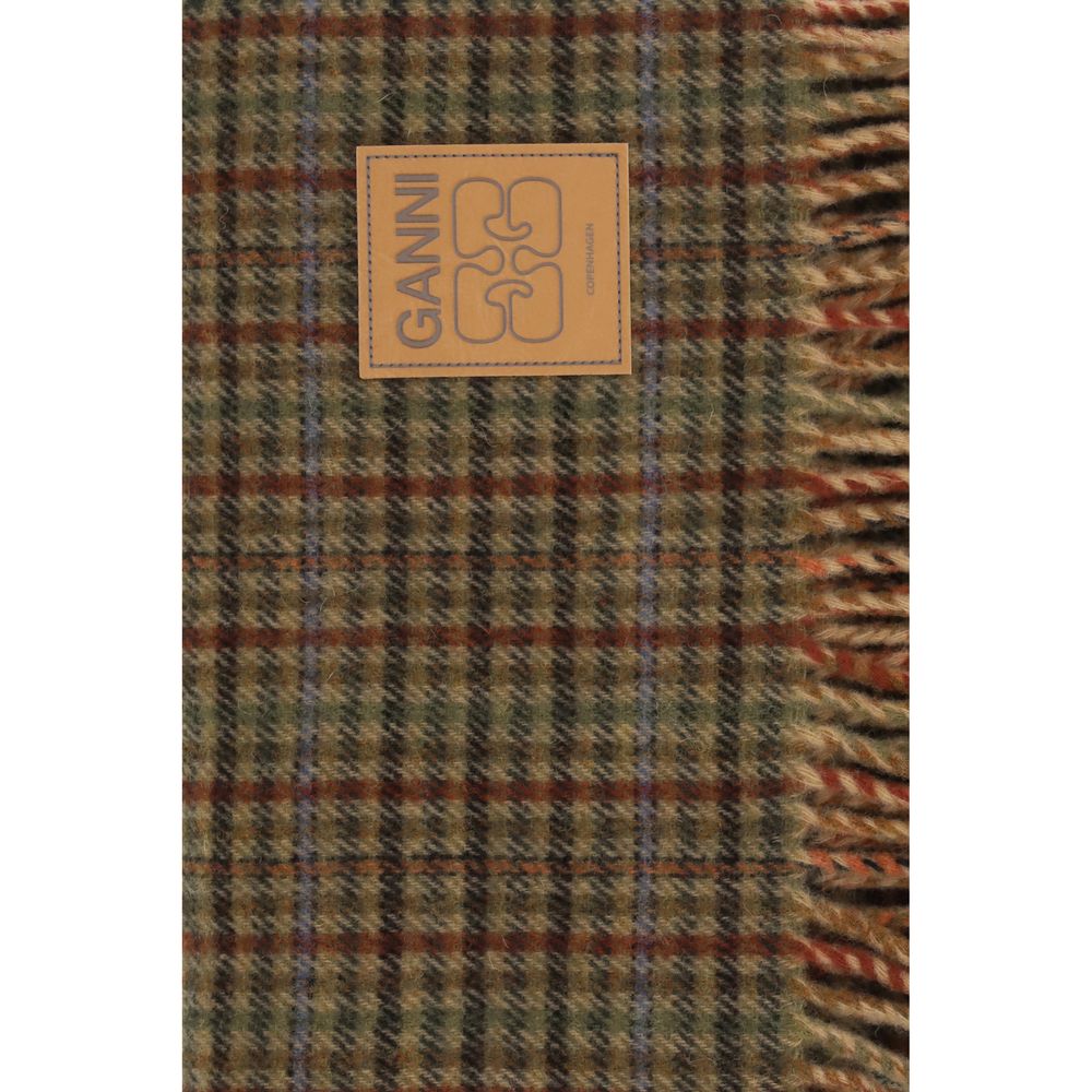 Ganni Wool Fringes Scarf - Brown Patterned