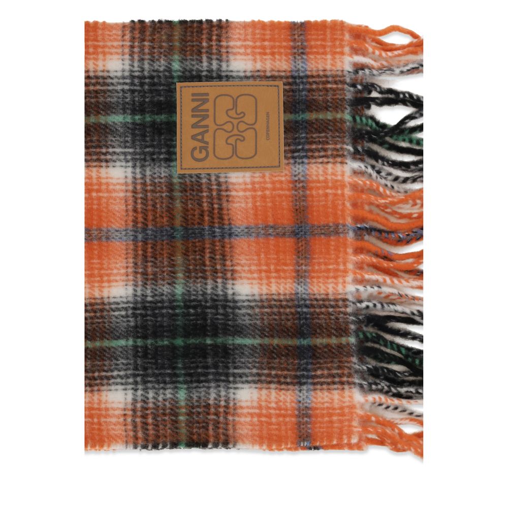 Ganni Wool Fringes Scarf - Orange Patterned Checked