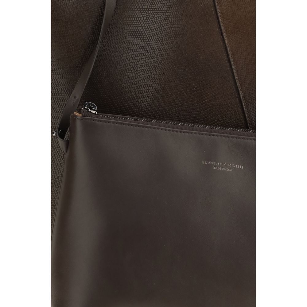 Brunello Cucinelli Bos Taurus Calf Suede Leather Quilted Satchel Pouch Handbag - Brown Signature