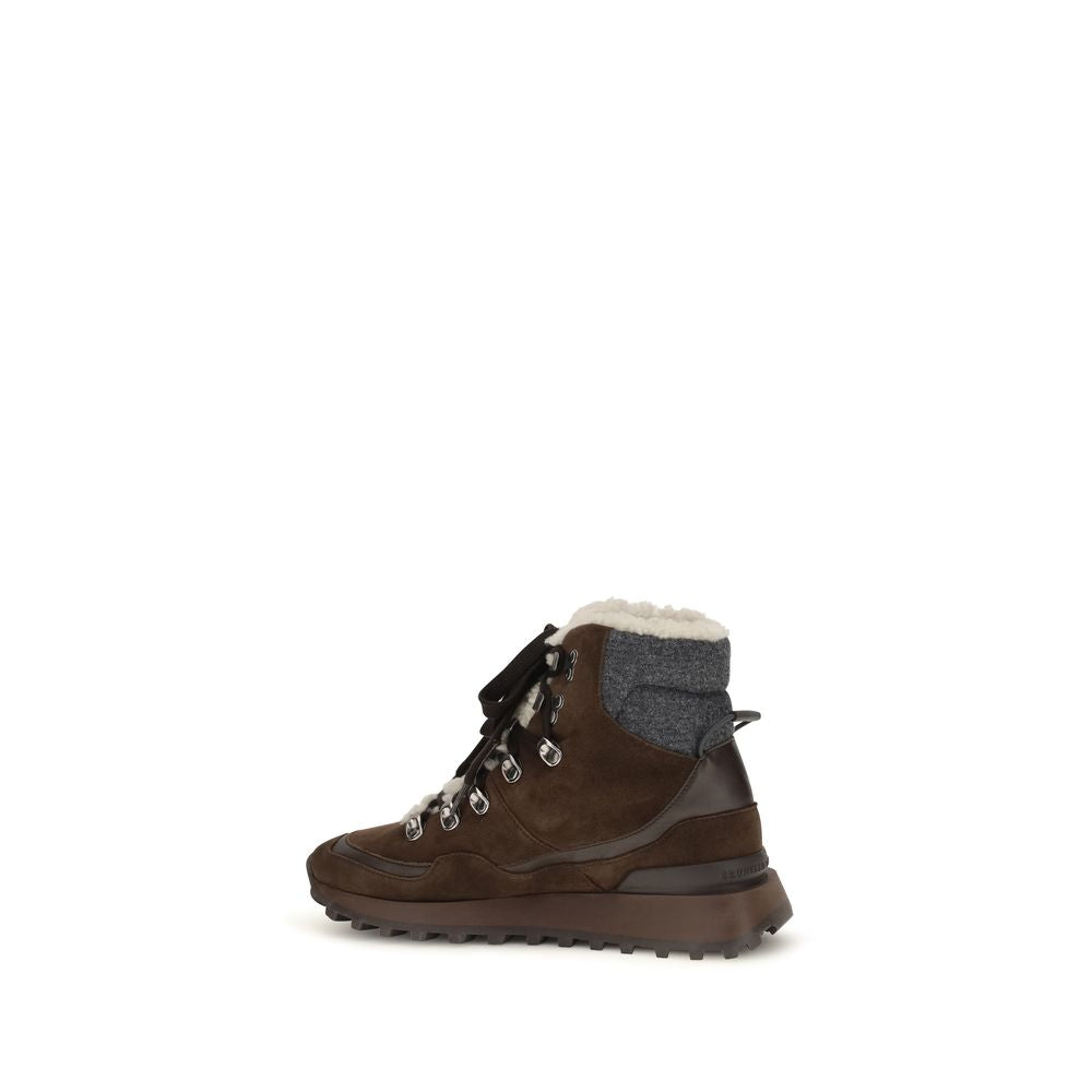 Brunello Cucinelli Women's Suede Calf Leather & Wool Lace-Up Ankle Boots - Brown Silver Signature