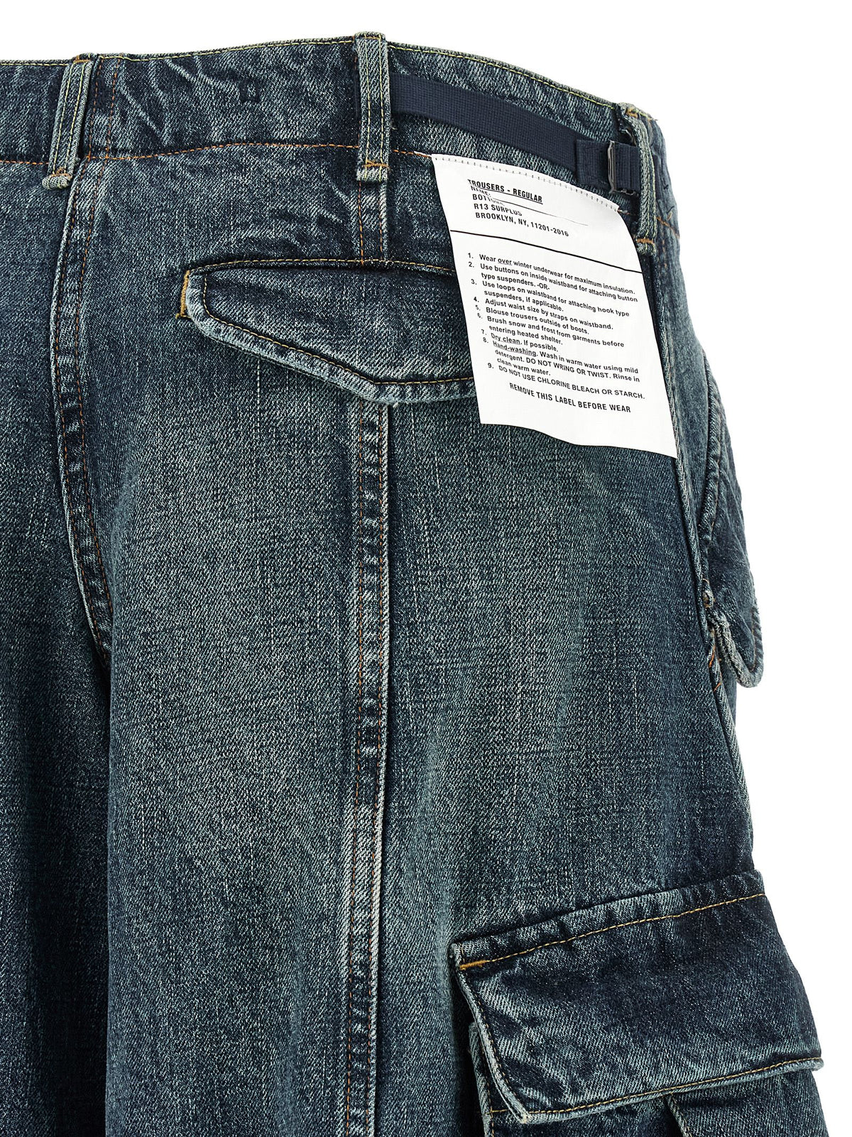 Cargo Pants by R13 for women in denim cotton blue & white features an urban chic oversized with a and long, creating a urban chic aesthetic for "Moon Behind the Hill".