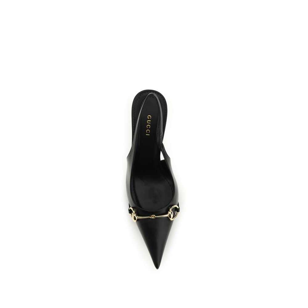 Gucci Horsebit Women's Bos Taurus Calf Leather High-Heel Stiletto Slingback Pumps Heels - Black Gold Signature