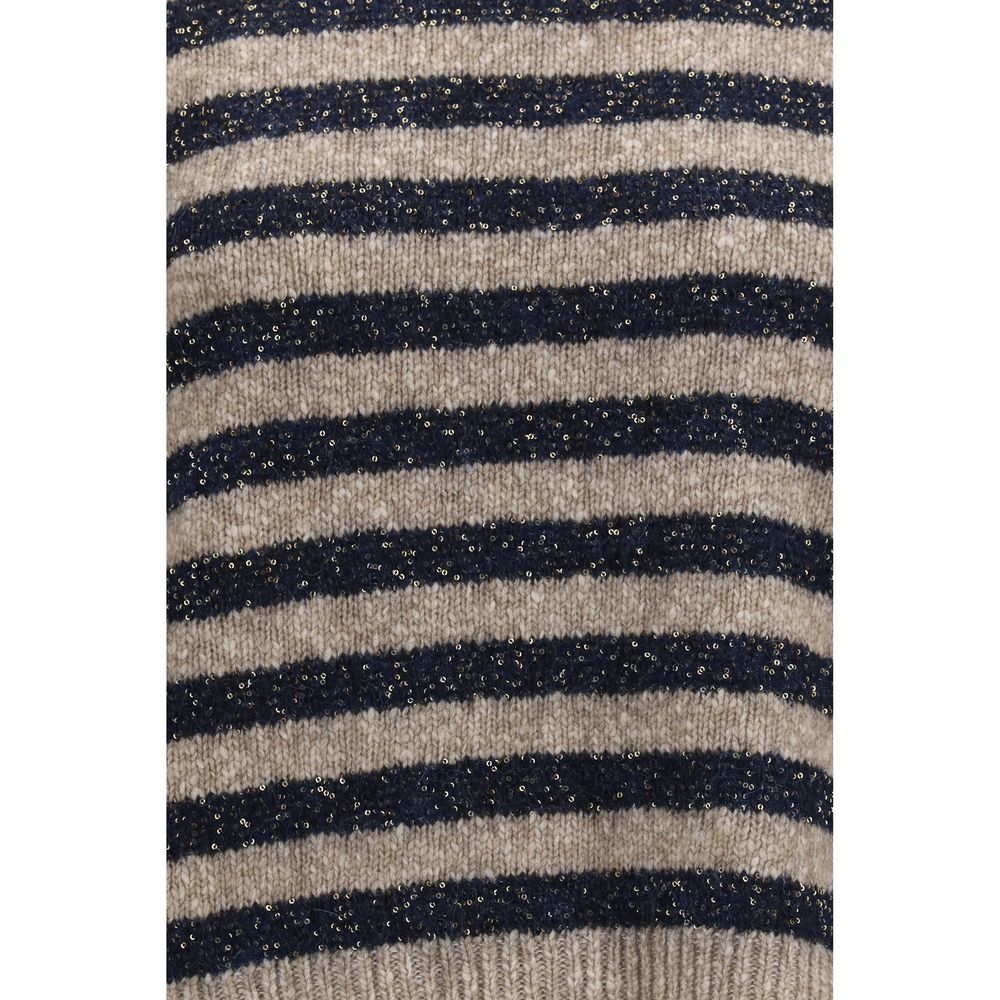 Brunello Cucinelli Women's Relaxed Fit Regular Crew Neck Cashmere Merino Wool & Lurex Sweatshirt - Beige Patterned Striped