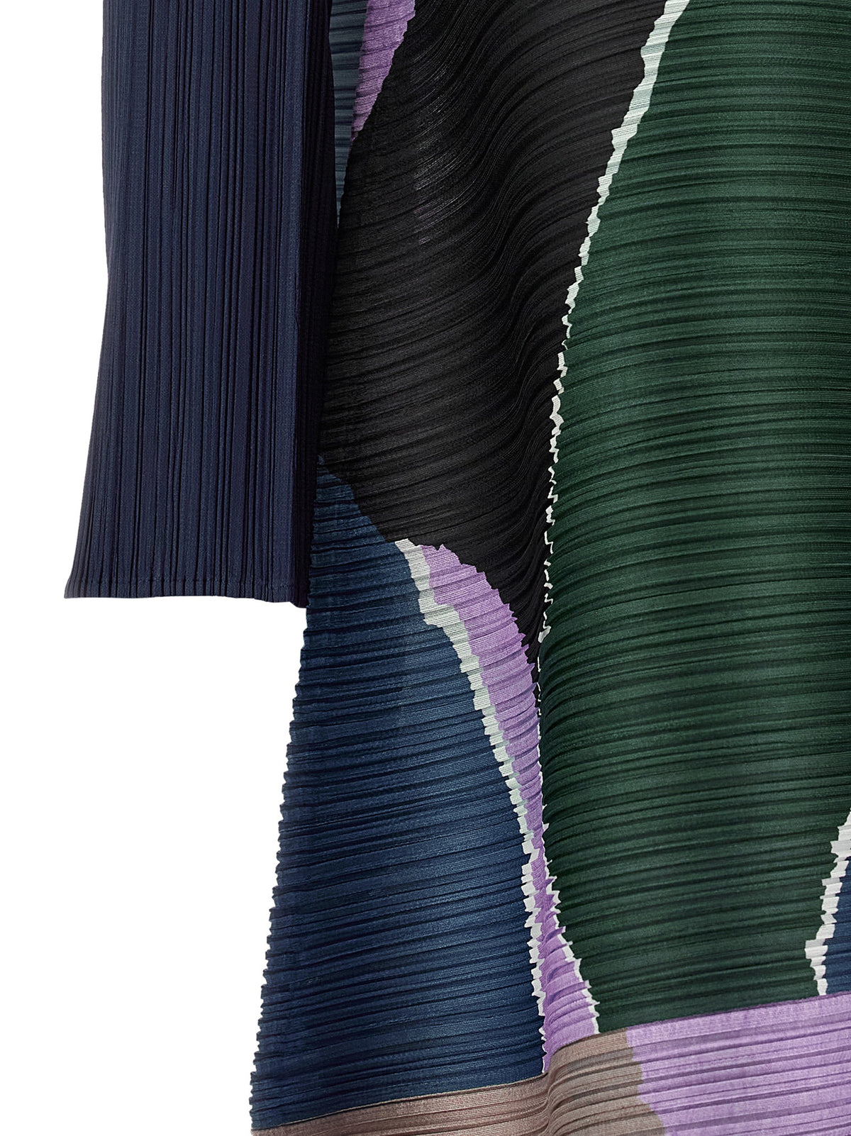 Dress by PLEATS PLEASE ISSEY MIYAKE for women in polyester black, gray, green, multicolor, purple, patterned & signature features a dramatic silhouette, showcasing an elegant and that flows into a dramatic midi.