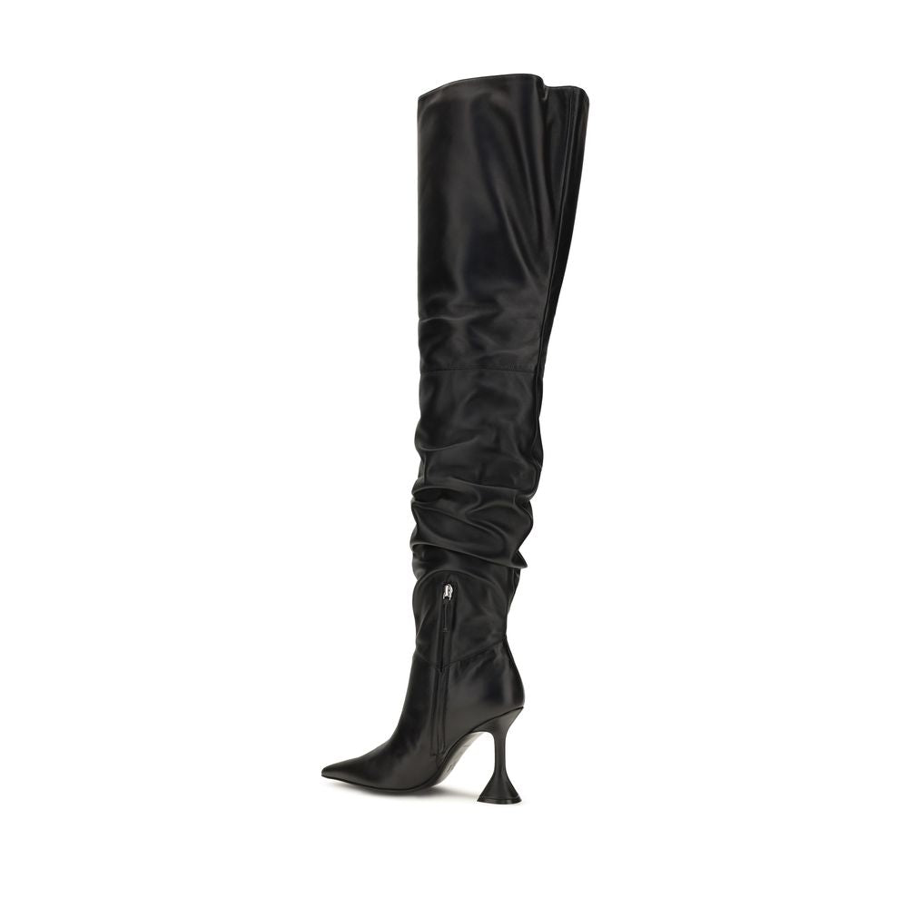 Amina Muaddi Black Calf Leather Bos Taurus Over The Knee