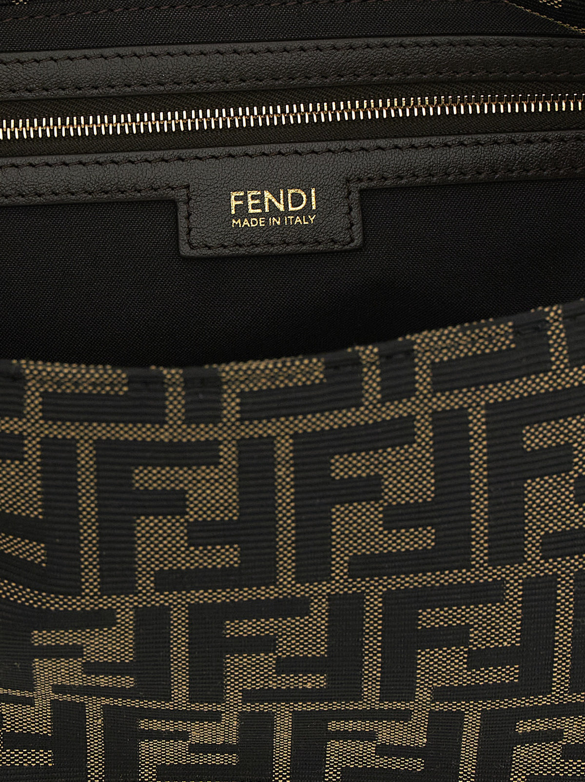 Shoulder Flap Bag by Fendi for women in polyester leather & cotton brown, gold, patterned & jacquard features a distinguished silhouette, showcasing a secure flap, zipper & buckle and distinguished with versatile shoulder-strap, adjustable-strap & handle for a distinguished finish.