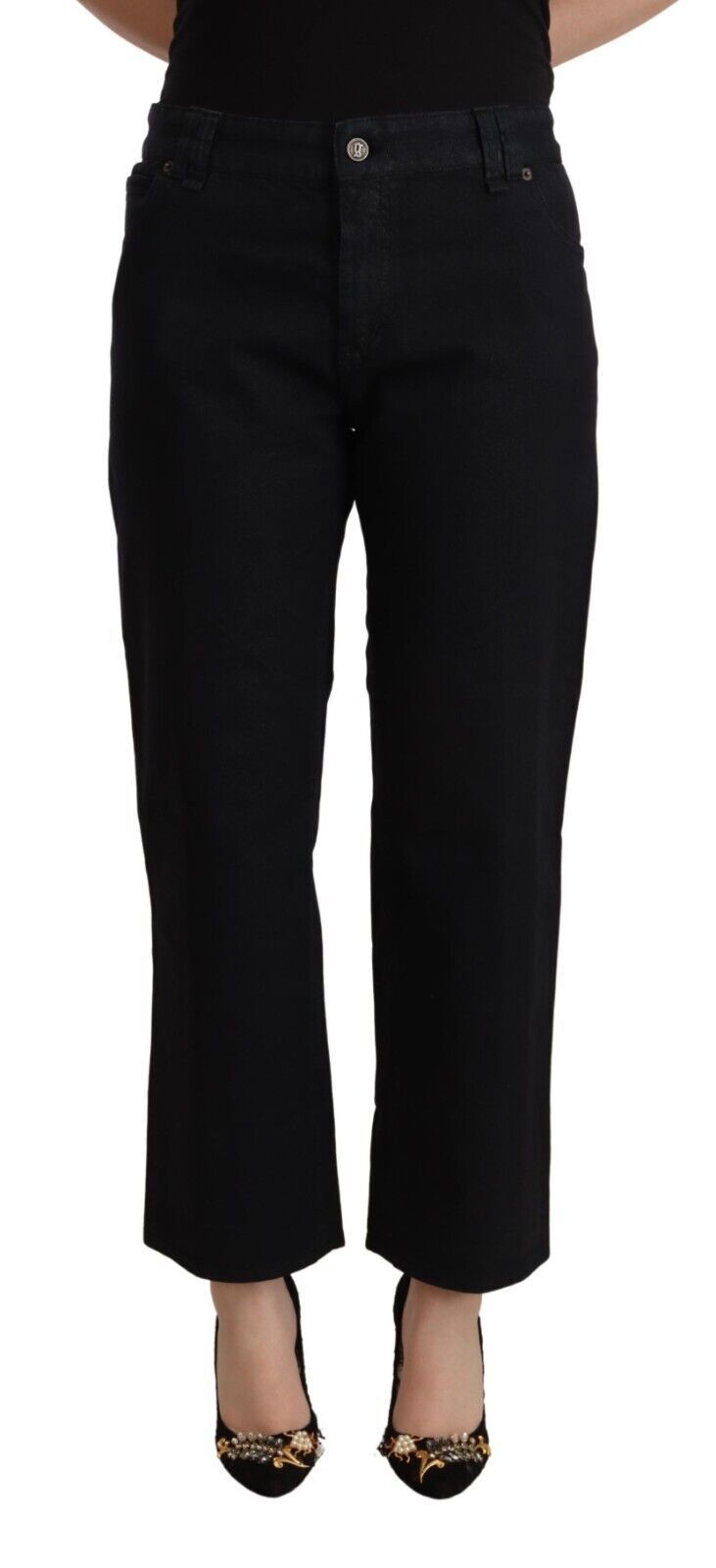 John Galliano Ladies' Black Cotton Flared Cropped High Waist Denim