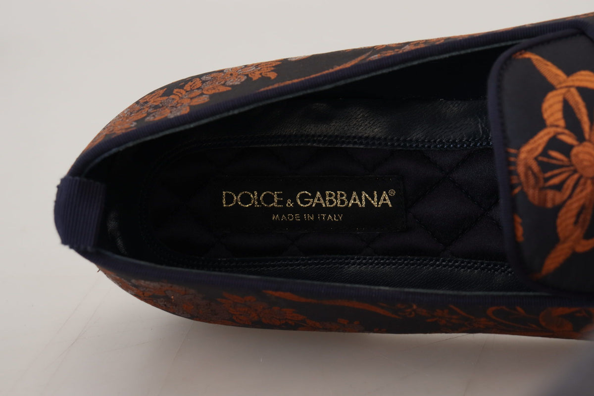 Dolce & Gabbana Men's Cotton Leather Polyester & Viscose Flat Loafer Sliders Slider Slippers Shoes - Blue Orange Floral
