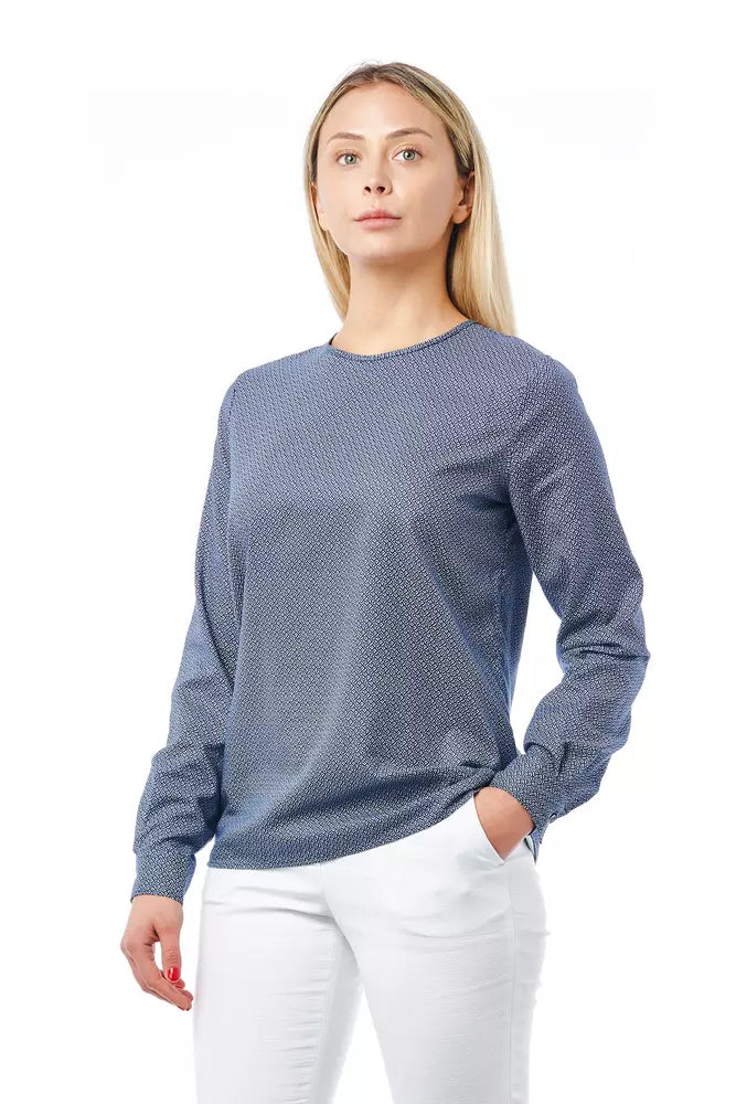 Blue Geometric Print Cotton Bagutta Women's Round Neck Blouse
