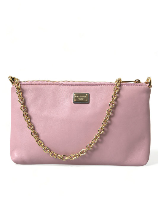 Pink Floral Embroidered Leather Chain Clutch Bag