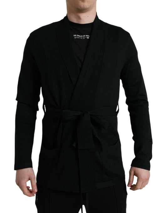 Black Cashmere Long Sleeves Belted Wrap Robe