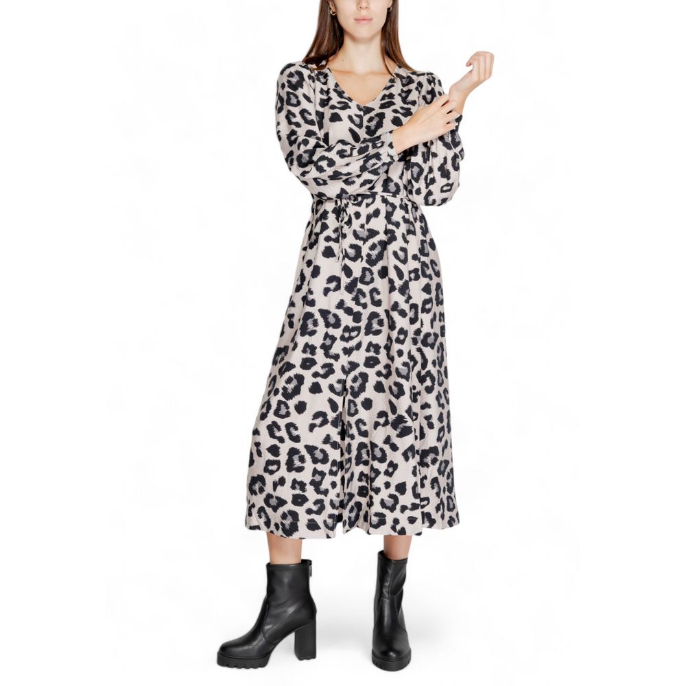 Jacqueline De Yong Women's Midi Long Long-Sleeve V-Neck Viscose & Nylon Dress - Gray Leopard Print