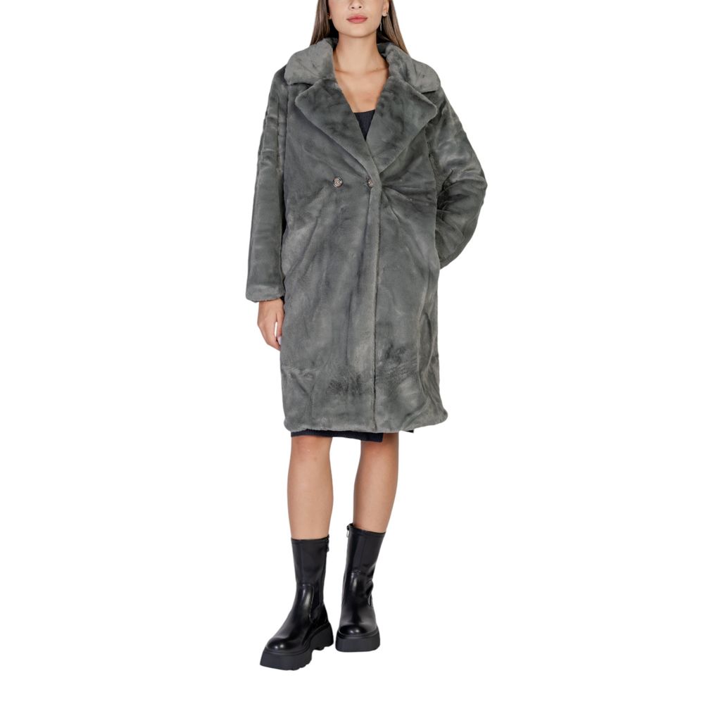 ICHI Black Polyester Fleece Double Breasted Coat